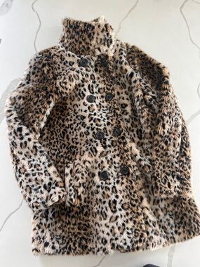 Faux Leopard Print Double-Breasted Coat - Beige/Tan/Black